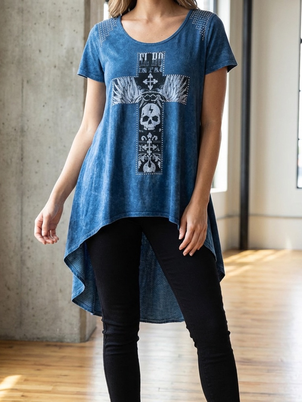 Vocal Blue Winged Skull Hi-Low Tee with Stud Accents